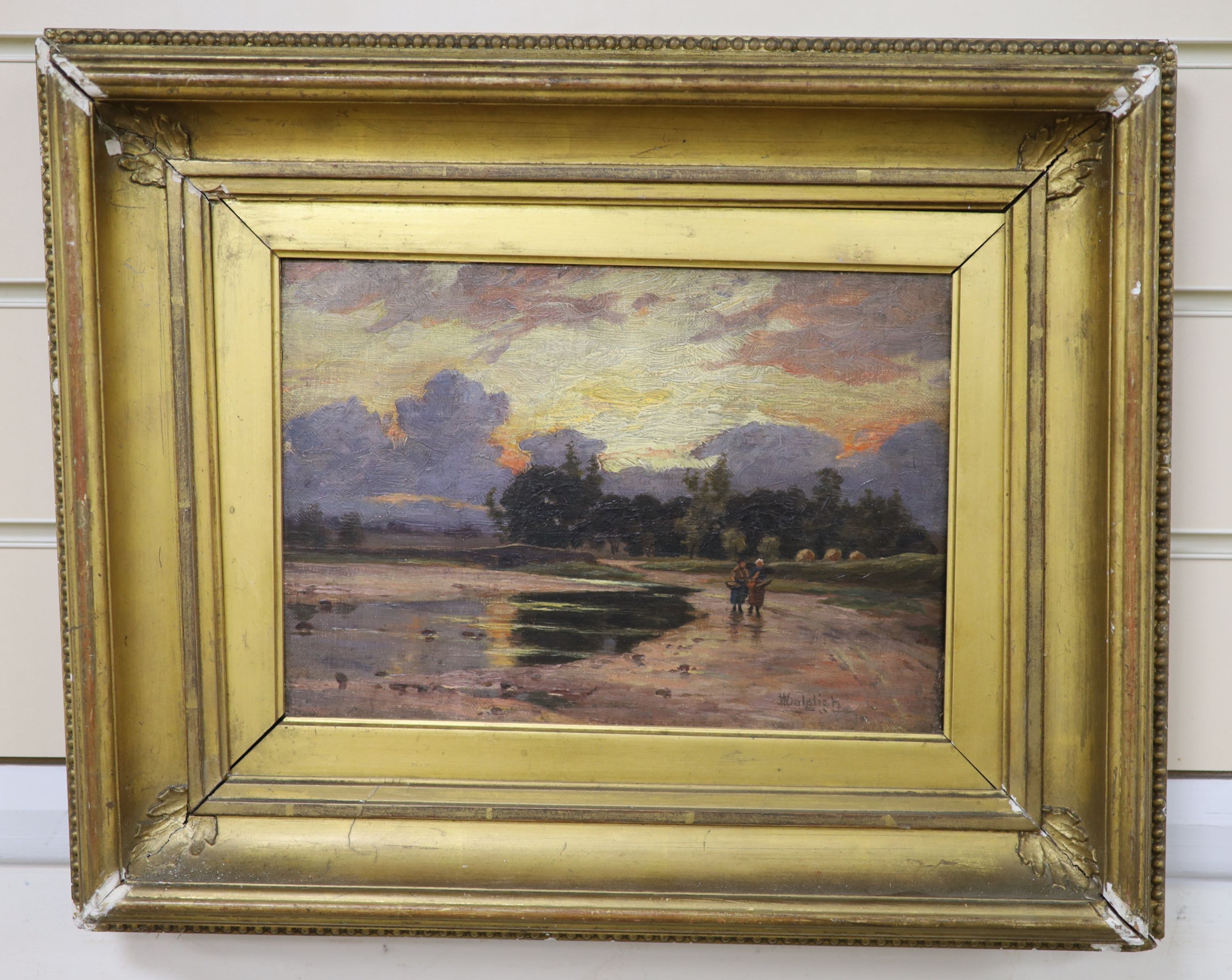 William Dalgleish (1860-1909), Figures in a landscape at sunset, Oil on canvas, 19 x 27cm.